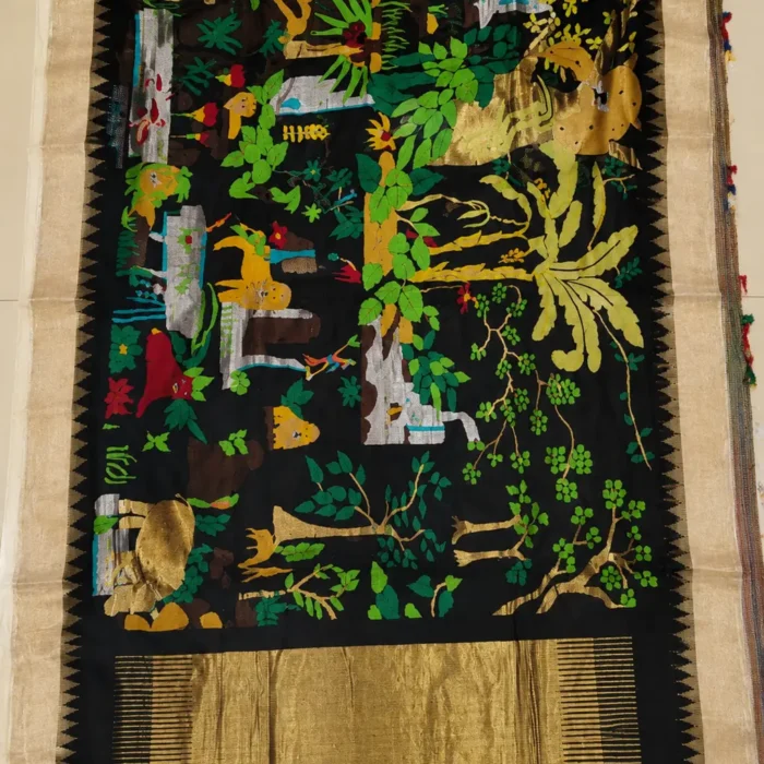 Handcrafted Ponduru Khadi Jamdani All-Over Saree | Black