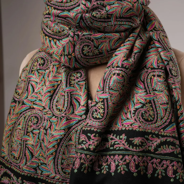 Kashmiri Black Pashmina Jamavar Shawl with Detailed Paisley Handwork