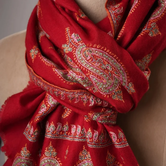 Red Kashmiri Pashmina Shawl with Hand Embroidered Paisley Motifs