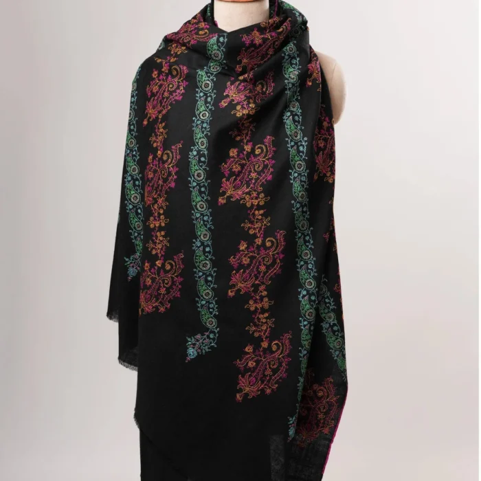 Black Kashmiri Pure Pashmina Shawl with Hand Embroidery