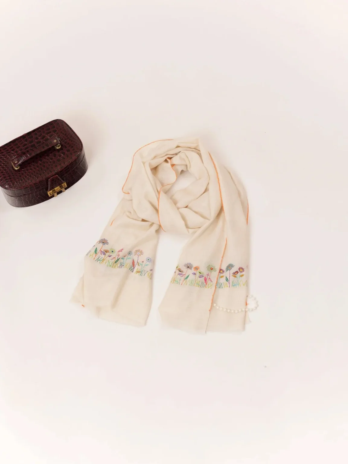 White Palldar Kashmiri Pashmina Scarf with Handwoven Sozni Floral Work