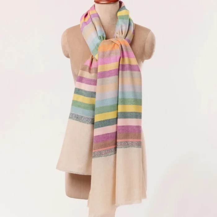 Kashmiri Handwoven Soft Stripe Pashmina Shawl with Hashia Embroidery