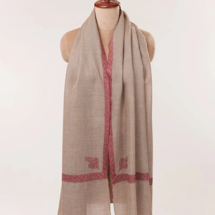 Natural Taupe Featherlight Cashmere Scarf with Hashia Hand Embroidery