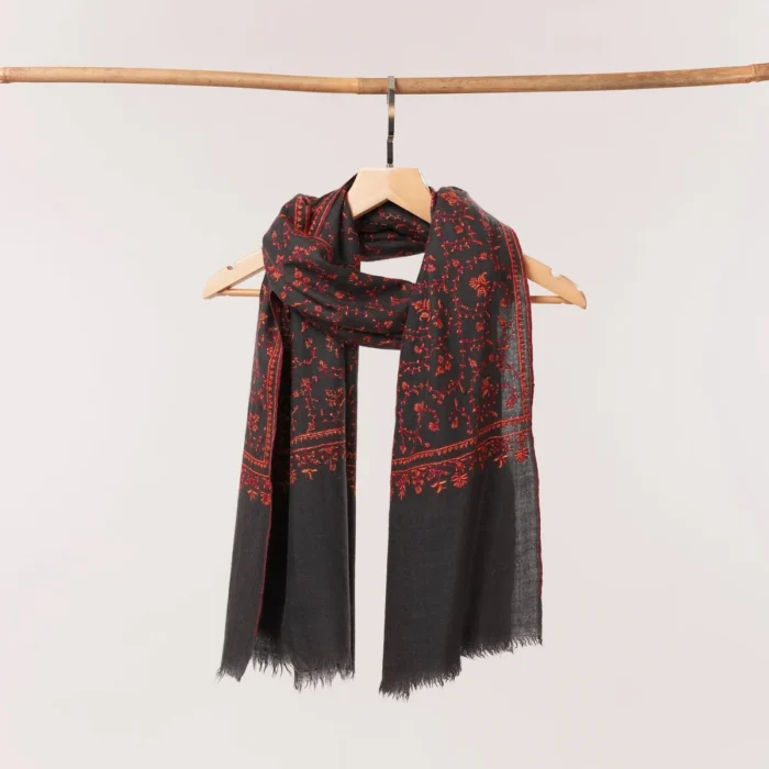 Dark Grey Featherlight Cashmere Scarf with Jali Hand Embroidery