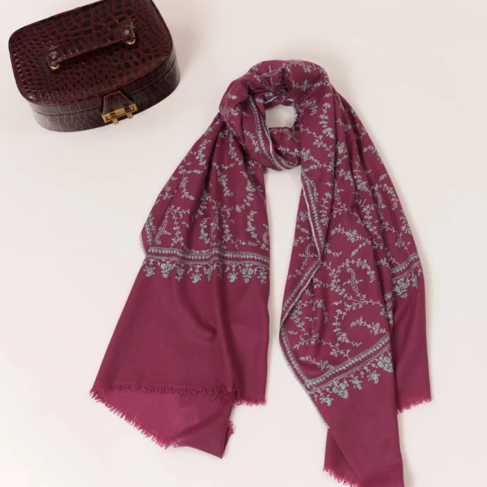Tyrian Purple Cashmere Scarf with Hand Embroidered Jali