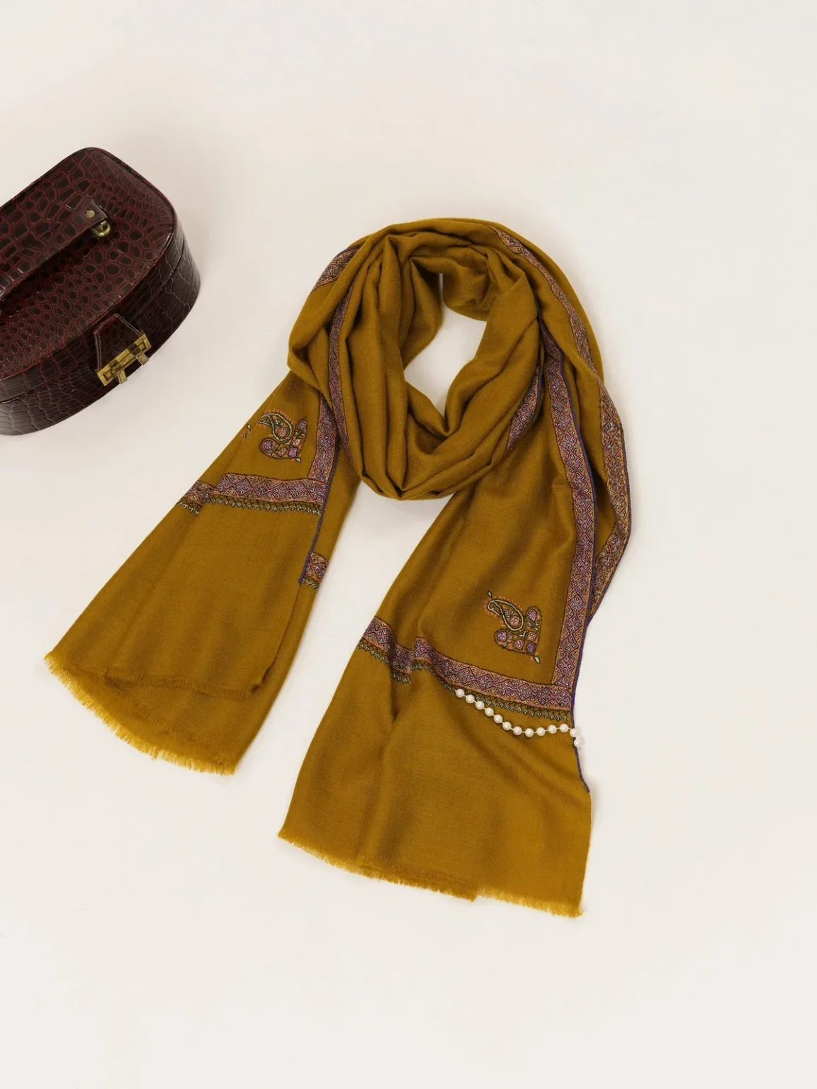 Handwoven Kashmiri Scarf in Cashmere with Hashia Hand Embroidery