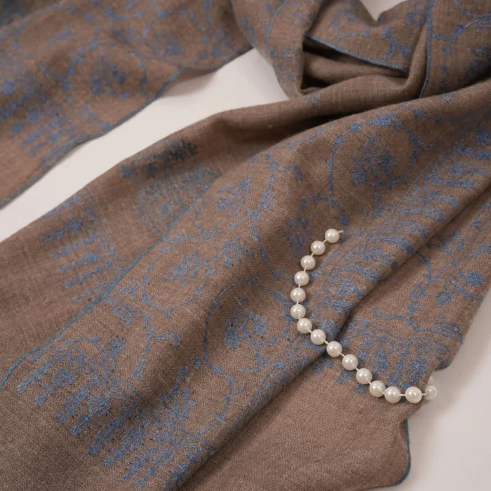 Natural Taupe Cashmere Scarf with Blue Jali Hand Embroidery