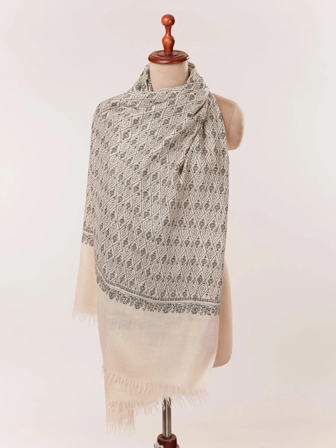 Natural Off White Hand Embroidered Cashmere Scarf with Black Embroidery