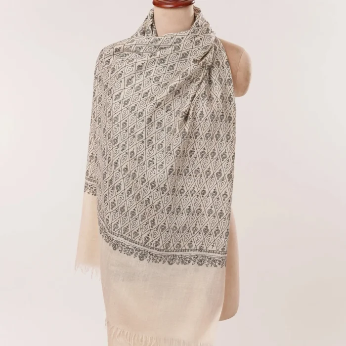 Natural Off White Hand Embroidered Cashmere Scarf with Black Embroidery