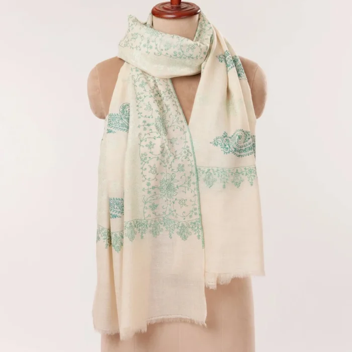 Natural Off White Cashmere Scarf with Green Hand Embroidery
