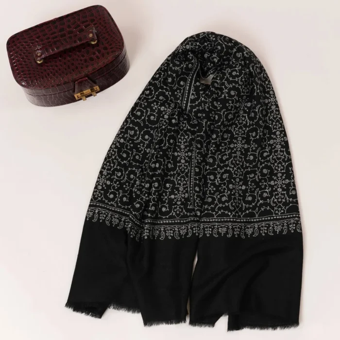 Black Handwoven Cashmere Scarf with All-Over Jali Embroidery