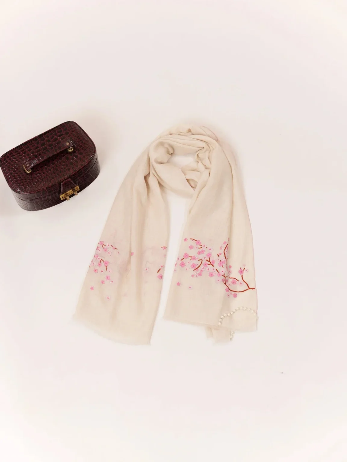 Handwoven Kashmiri Natural White Almond Bloom Cashmere Scarf with Sozni Handwork