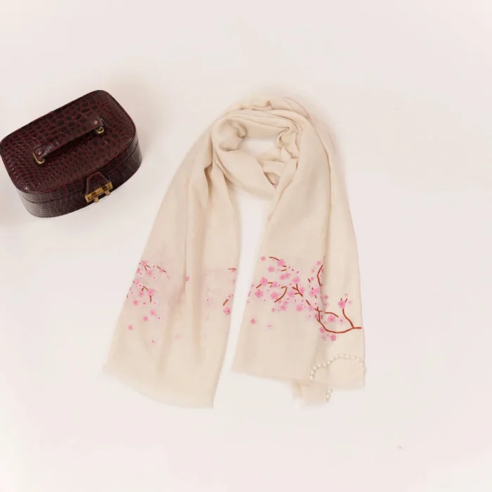 Handwoven Kashmiri Natural White Almond Bloom Cashmere Scarf with Sozni Handwork