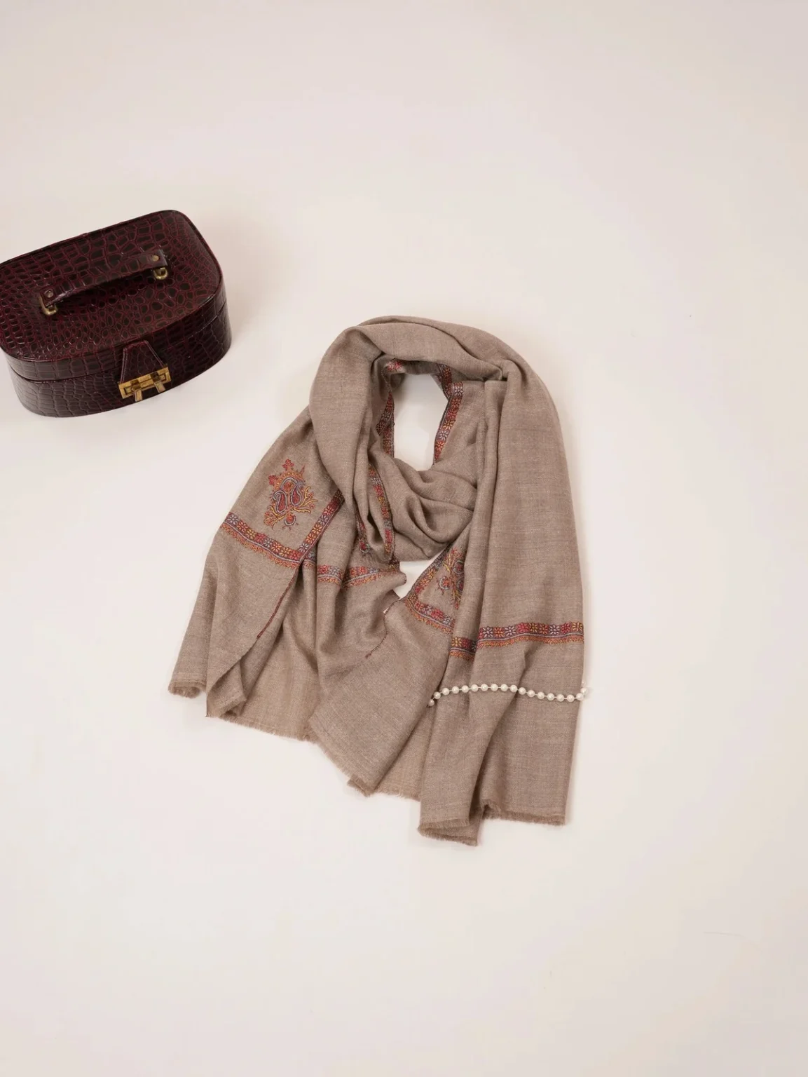 Handwoven Taupe Cashmere Scarf with Kashmiri Hand Sozni Embroidery