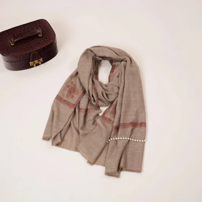 Handwoven Taupe Cashmere Scarf with Kashmiri Hand Sozni Embroidery