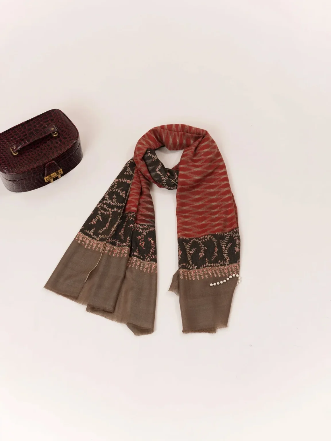 Handwoven Cashmere Scarf with Ikat and Hand Sozni Work