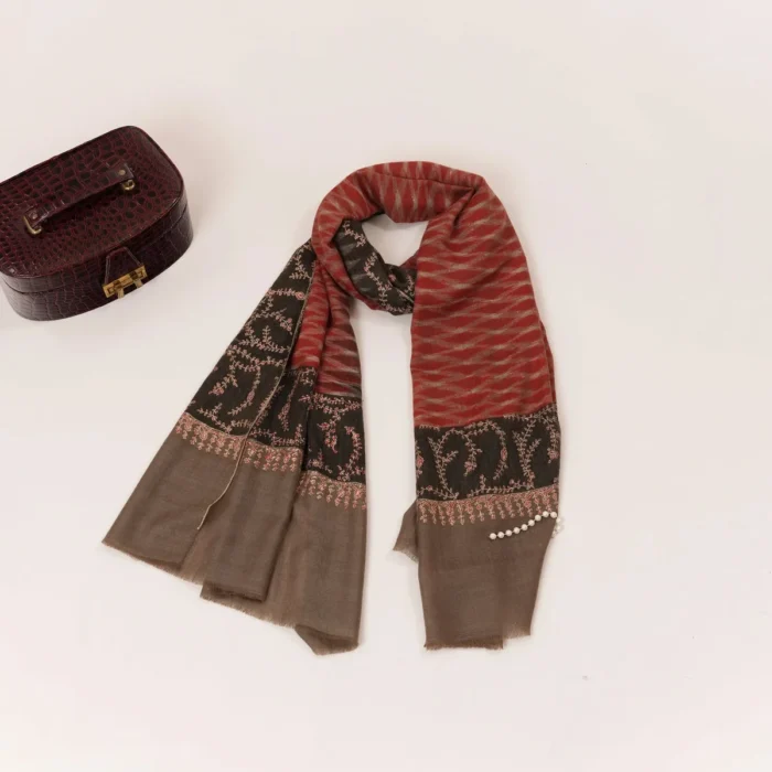 Handwoven Cashmere Scarf with Ikat and Hand Sozni Work